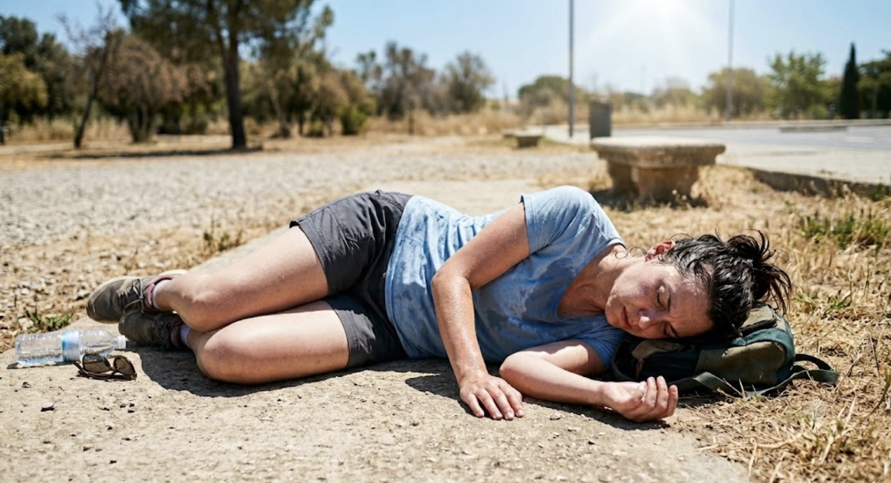Femme allongée au sol — coup de chaleur